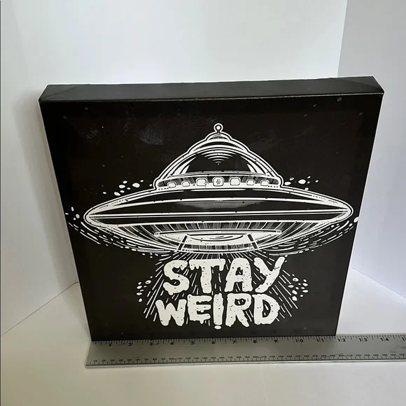 Black and White UFO Stay Weird Canvas Art - Picture 1 of 4